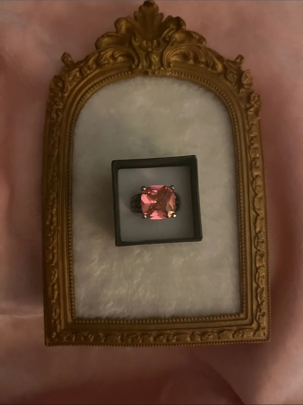 Rose Pink Cushion-Cut Ring in Dark Silver Band
